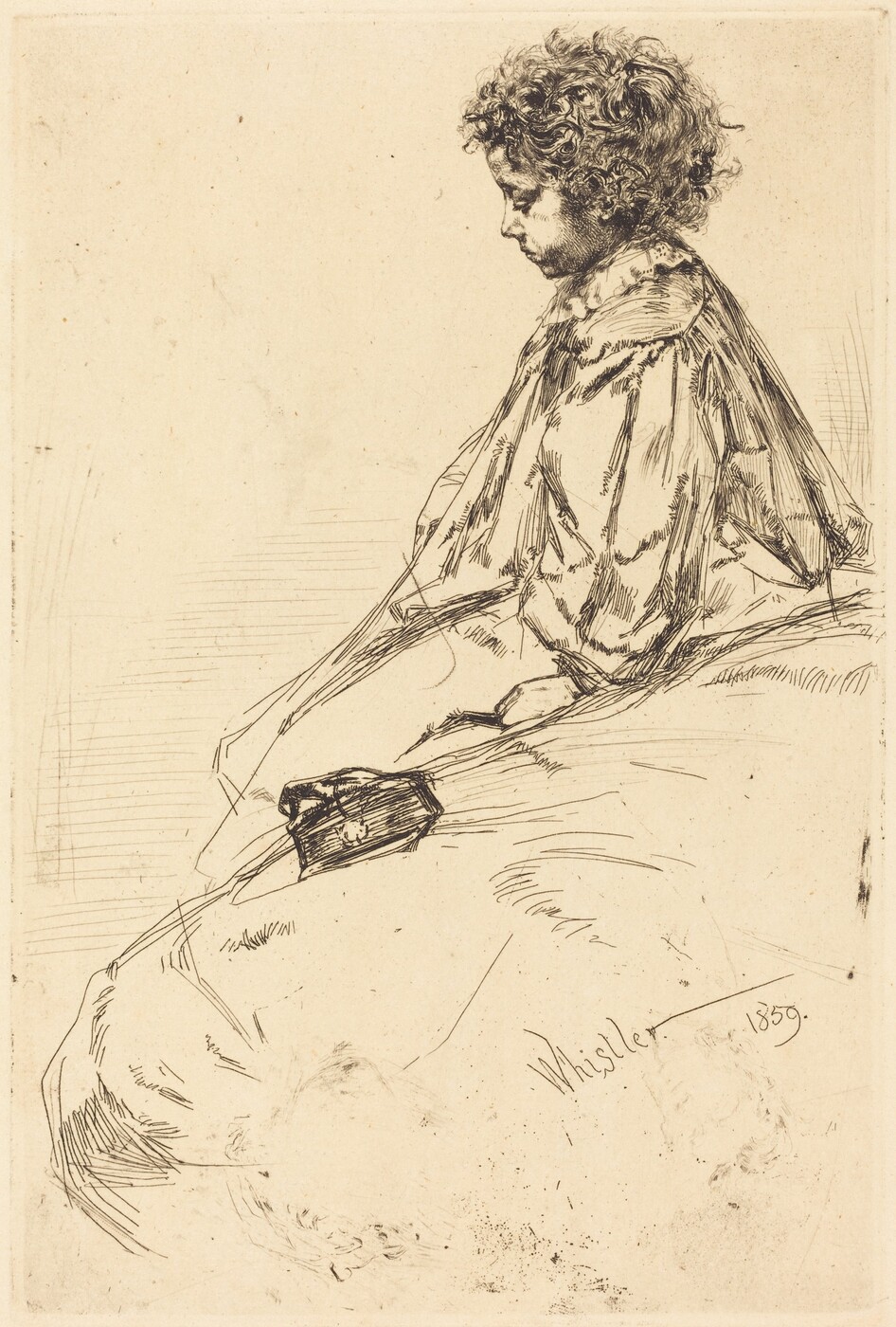 The etching depicts a person in half-length side profile, seated with their body slightly turned away. The person has a curly hairstyle framing their face, a defined nose, and a slightly visible mouth. They wear a loose garment with billowy sleeves. Near their knee is a rectangular case or book. The background is simple. In the lower right side, there is a signature that reads "Whistler" and the date "1859."
