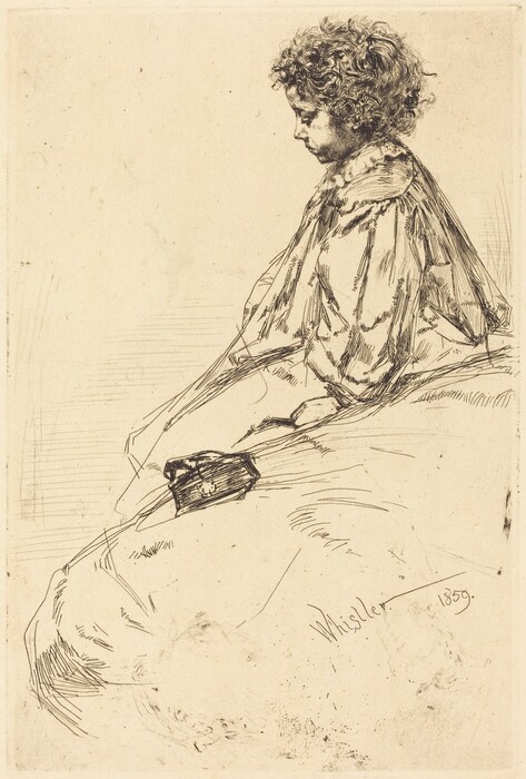 The etching depicts a person in half-length side profile, seated with their body slightly turned away. The person has a curly hairstyle framing their face, a defined nose, and a slightly visible mouth. They wear a loose garment with billowy sleeves. Near their knee is a rectangular case or book. The background is simple. In the lower right side, there is a signature that reads "Whistler" and the date "1859."