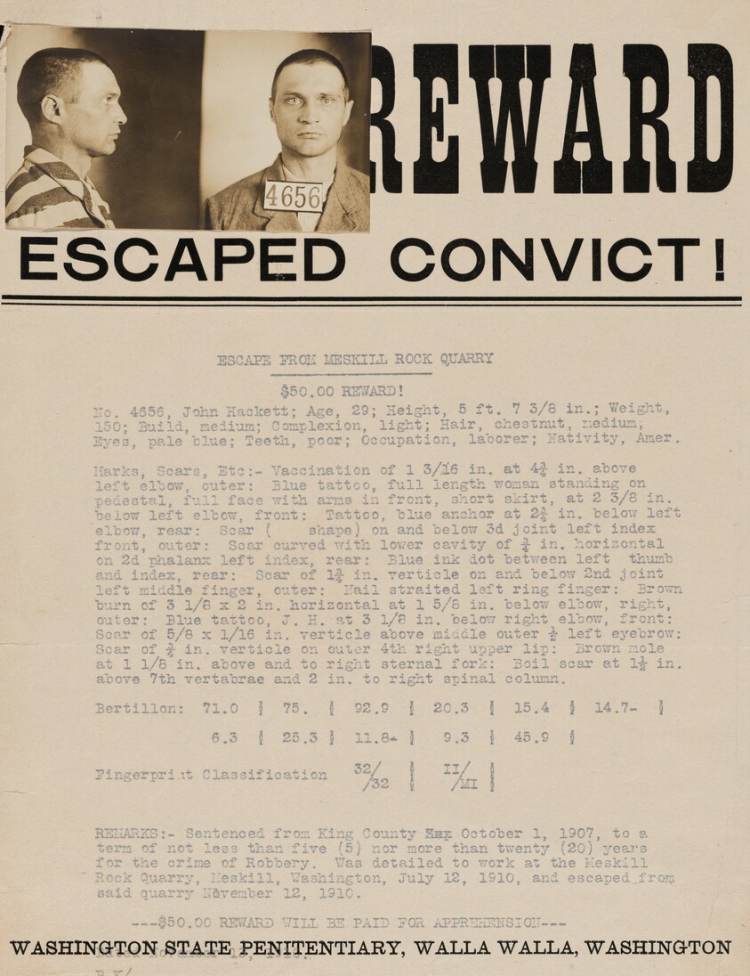 Reward poster for escaped convict, John Hackett, Walla Walla, Washington