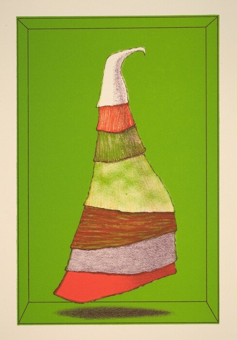 The image shows an abstract shape composed of stacked, irregular bands of colors within a rectangular frame. The shape tapers to a curved, pointed tip with sections filled with different hues from vibrant reds to earthy browns, greens, and white at the top, forming an abstract representation.
