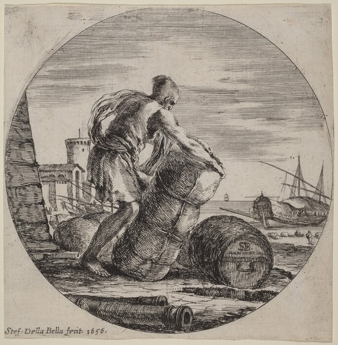 The image shows a laborer rolling a large barrel on a cobblestone pavement near the water's edge. Two masted ships are docked in the distance, with tall masts reaching into the sky. A cylindrical tower structure and a few buildings are nearby, suggesting an urban coastal setting. The horizon is high, with ships and distant landforms visible against it. The artist uses intricate etching techniques to convey shadow and texture, with a monochromatic palette emphasizing light and dark contrasts. The scene depicts a moment of industrious activity in a port setting.