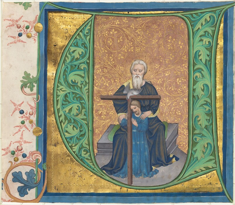 This is a painting of a seated elderly figure with a younger figure in a large decorative initial. The elderly figure holds a wooden cross, while the younger figure embraces the cross. They sit on a throne-like platform with a richly adorned background of golden and floral patterns. Surrounding them is an ornate frame with lush green acanthus leaves and intricate designs that extend into the border of the page, indicating that this is an illuminated manuscript. This artwork is done in the style of a medieval or Renaissance manuscript illumination.