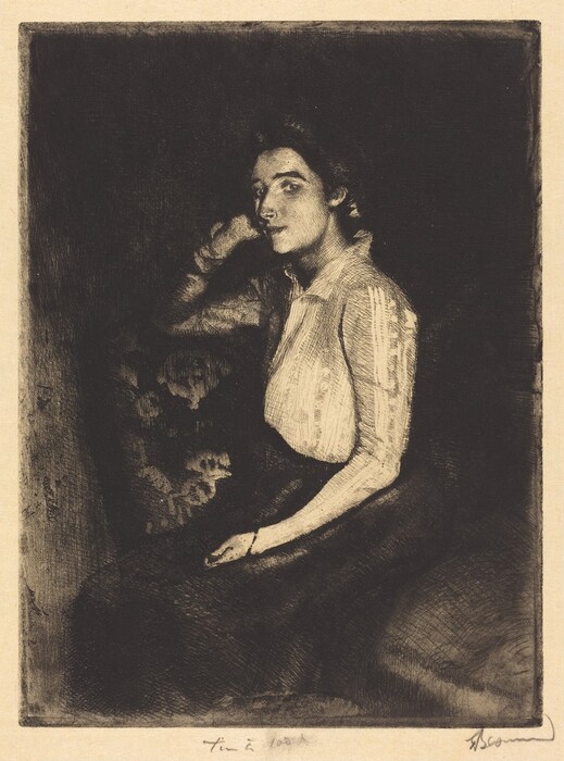 The image depicts a woman from the waist up, seated in a sideways position. She has dark hair, defined facial features, and is wearing a light-colored blouse with a textured pattern along with a darker skirt. The background is dark and textured with indistinct floral elements.