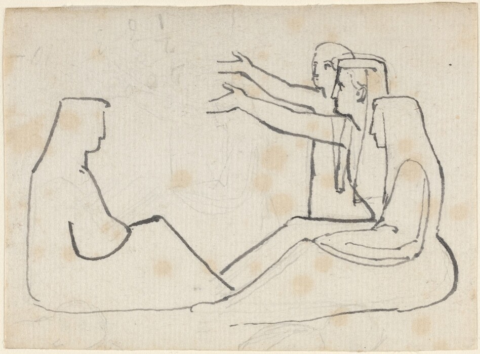 The image shows a line drawing of four figures. The figures are sketched from the side, sitting down. Some figures face left with extended arms, while the figure on the left faces them. Facial features are minimal, with simple lines for eyes and noses. Long hair or head coverings are indicated by lines down their backs. The figures are unclothed, with no additional attire. The background is blank on lightly tinted paper with faint age spots.