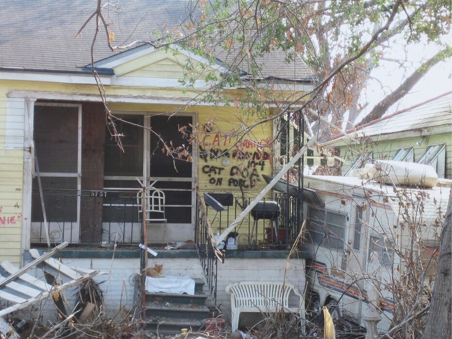 The image shows a yellow house with a porch and stairs. A cat is on a chair, the house number is "5757," and there are various objects around, including a white chair and a damaged trailer part. The walls have graffiti messages, one saying "CAT INSIDE." The scene is captured at ground level, with no visible horizon. The color palette includes yellow, grey, and earthy tones, with hints of green from tree branches.
