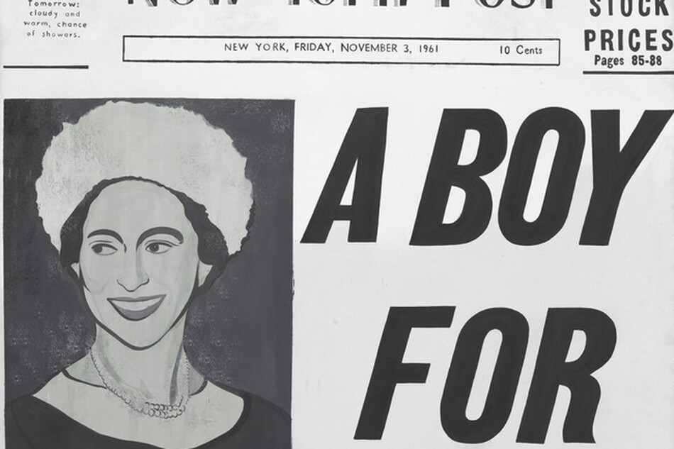 This vertical painting imitates the front page of a newspaper, with mostly black text in different sizes against a white background. The bottom two-thirds is dominated by a black and white photograph of a woman and three lines of a single, large headline. To our left, the narrow, vertical portrait shows a smiling woman looking off to our left from the corners of her eyes. She has prominent, arching eyebrows and wears a white, possibly fuzzy hat over dark hair. The background behind her is charcoal gray. The largest text on the page fills the space next to her, to our right. It reads, “A BOY FOR MEG” in slanted letters. Under her portrait is the caption, “See Page 3” in small text. Moving to the top third of the painting: at the top left is a square portrait showing just the face of a man wearing a fedora, done in sky and royal blue. The caption under the portrait reads, “In the Magazine.” The headline that runs next to it has white text against ocean blue, and it reads, “Sinatra and his ‘Rat Pack’ TODAY: The Leader Himself (Con’t).” In the horizontal zone beneath the blue banner and above the portrait and headline about Meg, the title of the newspaper is the “New York Post.” To the left, a box reads, “WEATHER Fog tonight. in the 60s. Tomorrow: cloudy and warm, chance of showers.” In a box under the newspaper name, it reads, “NEW YORK, FRIDAY, NOVEMBER 3, 1961 10 Cents.” A secondary headline, to our right, reads, “LATEST STOCK PRICES Pages 85-88.”