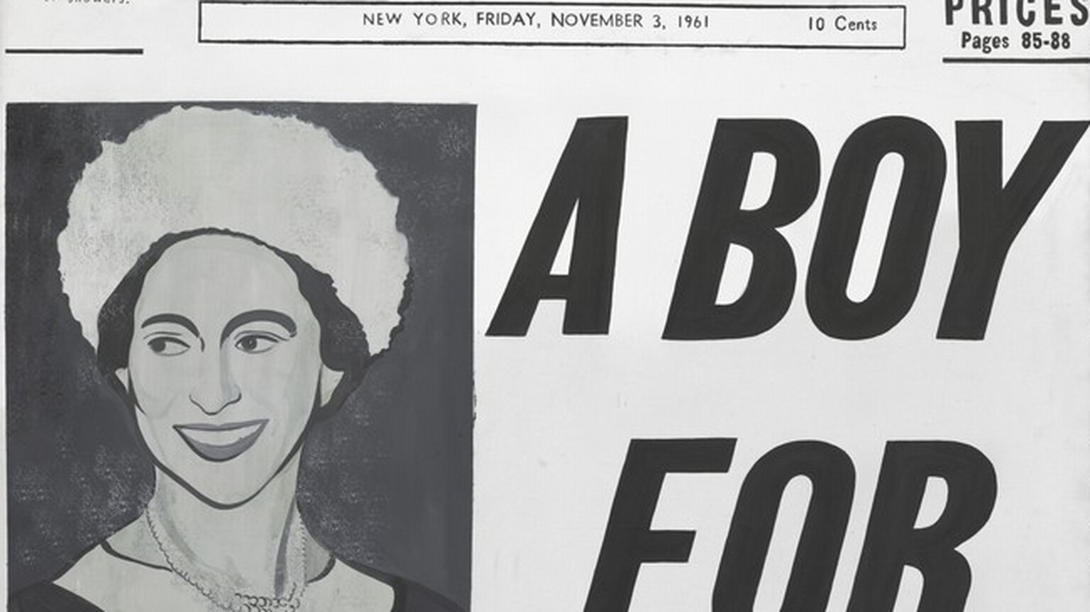 This vertical painting imitates the front page of a newspaper, with mostly black text in different sizes against a white background. The bottom two-thirds is dominated by a black and white photograph of a woman and three lines of a single, large headline. To our left, the narrow, vertical portrait shows a smiling woman looking off to our left from the corners of her eyes. She has prominent, arching eyebrows and wears a white, possibly fuzzy hat over dark hair. The background behind her is charcoal gray. The largest text on the page fills the space next to her, to our right. It reads, “A BOY FOR MEG” in slanted letters. Under her portrait is the caption, “See Page 3” in small text. Moving to the top third of the painting: at the top left is a square portrait showing just the face of a man wearing a fedora, done in sky and royal blue. The caption under the portrait reads, “In the Magazine.” The headline that runs next to it has white text against ocean blue, and it reads, “Sinatra and his ‘Rat Pack’ TODAY: The Leader Himself (Con’t).” In the horizontal zone beneath the blue banner and above the portrait and headline about Meg, the title of the newspaper is the “New York Post.” To the left, a box reads, “WEATHER Fog tonight. in the 60s. Tomorrow: cloudy and warm, chance of showers.” In a box under the newspaper name, it reads, “NEW YORK, FRIDAY, NOVEMBER 3, 1961 10 Cents.” A secondary headline, to our right, reads, “LATEST STOCK PRICES Pages 85-88.”