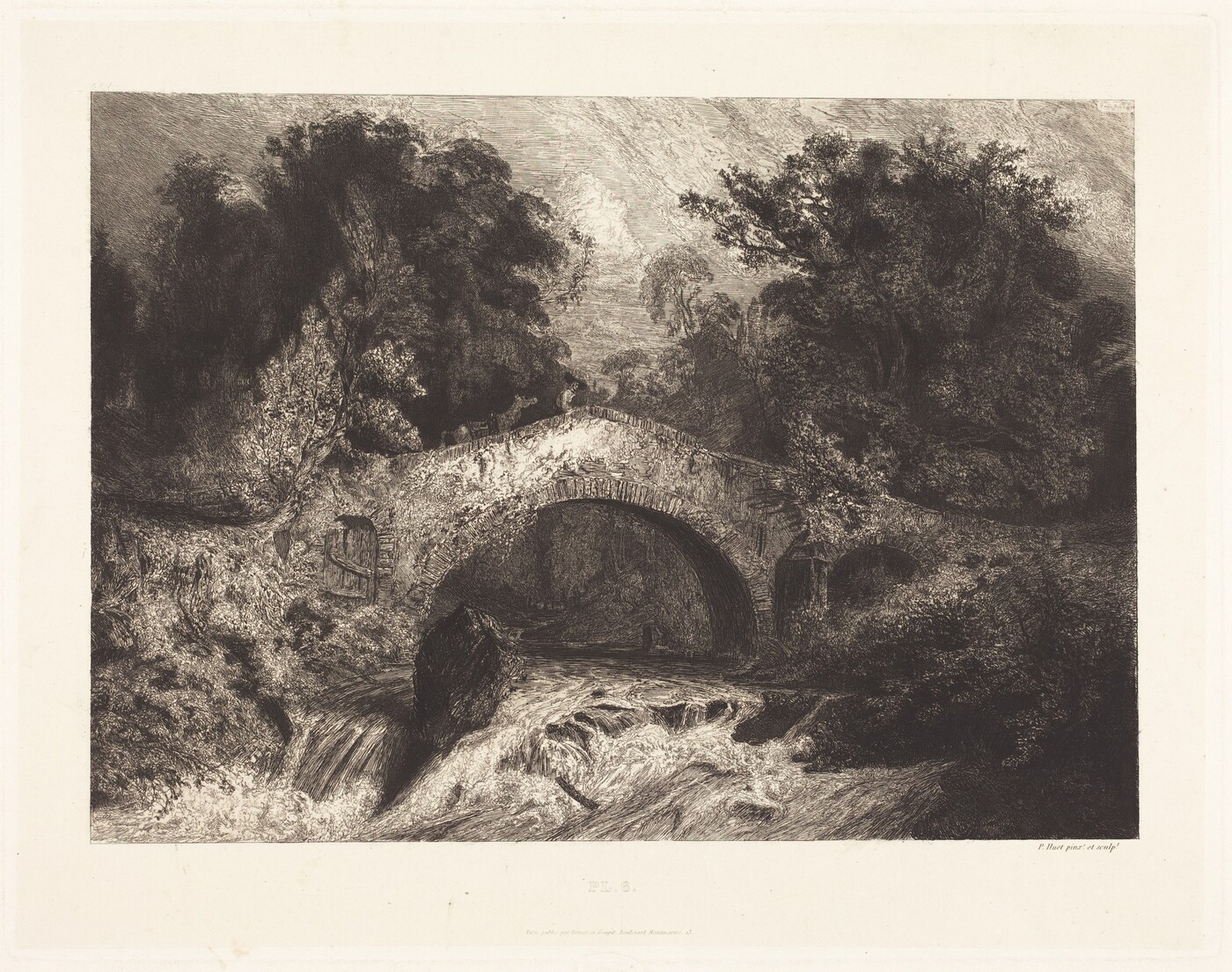 The image shows a stone bridge over a river, with water cascading over rocks in the foreground. Lush trees line both sides of the bridge, extending into the background. The etching technique creates detailed foliage and river movement. The monochromatic color palette of black and white highlights light and shadow, resulting in a dramatic yet tranquil scene.
