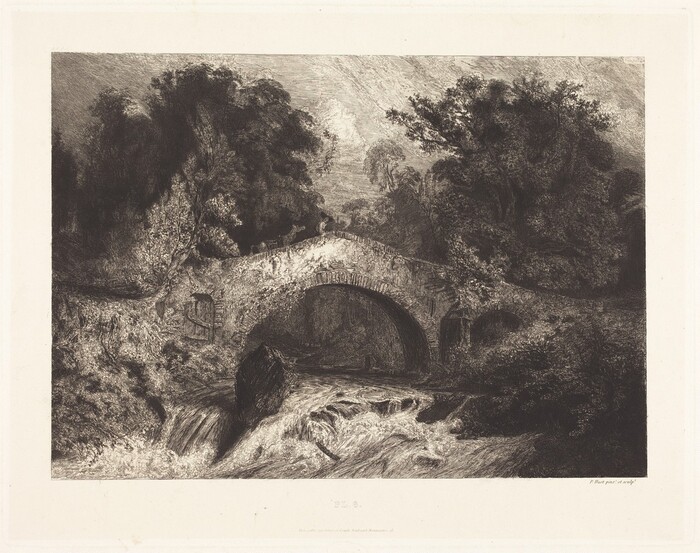The image shows a stone bridge over a river, with water cascading over rocks in the foreground. Lush trees line both sides of the bridge, extending into the background. The etching technique creates detailed foliage and river movement. The monochromatic color palette of black and white highlights light and shadow, resulting in a dramatic yet tranquil scene.