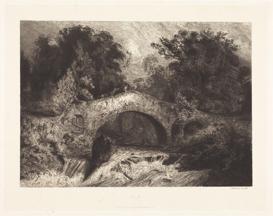 The image shows a stone bridge over a river, with water cascading over rocks in the foreground. Lush trees line both sides of the bridge, extending into the background. The etching technique creates detailed foliage and river movement. The monochromatic color palette of black and white highlights light and shadow, resulting in a dramatic yet tranquil scene.