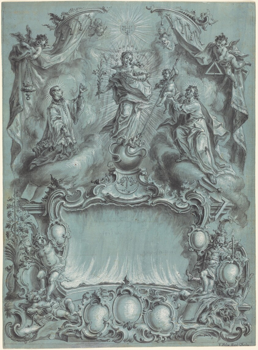 An Elaborate Rococo Setting with the Virgin and Child and Saints Defeating Evil, Heresy, and Profane Love