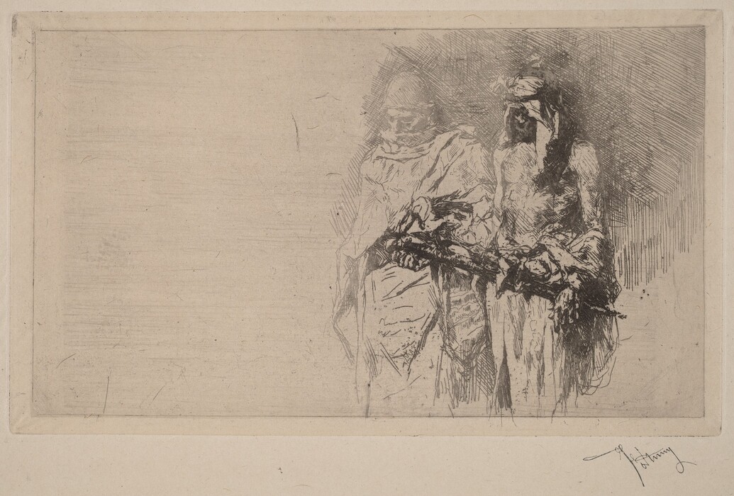 The image depicts two figures positioned slightly side by side from about the knees up. The figure on the left is wearing a head covering and robes, with facial features that are not distinctly detailed. The figure on the right has more defined features, wearing a headscarf and loosely draped clothing. Both figures are holding objects in their hands. The background of the image is plain, presented in a sketch-like style with no distinct features, focusing attention on the two figures. The entire composition is rendered in a monochromatic color scheme, likely using etching techniques.