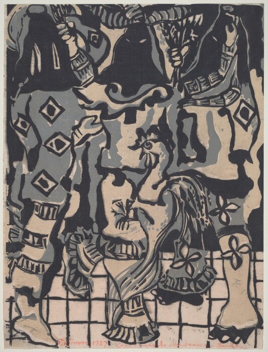 The image features a series of bold, irregular shapes and curved lines arranged in an intriguing composition. Various diamond patterns are distributed throughout. In the center, there is a shape resembling a bird with elongated wings. Flowing, wavy lines are also present, adding to the dynamic nature of the artwork. The scene evokes thoughts of intricate tapestries or ornamental textiles.