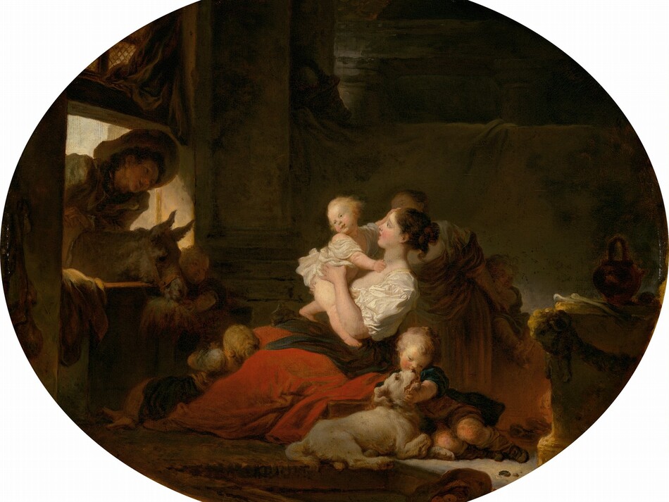 In a deeply shadowed room, two women and several children are gathered at the center of this wide, oval painting, looking toward a young man and donkey who peer in over a half-door to our left. The people all have light skin, and all of the children have blond hair. Light coming into the darkened room falls on a young woman holding a baby at the center of the composition. The woman sits facing our left in profile, looking at or toward the baby with brown eyes and parted lips. She has a long, straight nose, flushed cheeks, and her brown hair is pulled back into a bun at the back of her head. She wears a low-cut, ivory-white bodice with puffy sleeves, a black sash tied around her waist, and a voluminous crimson-red skirt. She props the baby so the child stands braced on chubby legs against her lap as the woman supports the torso and backside. One of the baby’s hands reaches for the woman’s neck and the other for her forehead as the head twists back to look to our left. The child wears a white garment. Two more children rest near the woman, with one leaning back against the woman’s shins and the other sitting with a white dog at the woman’s side, closer to us. Both children wear brown, white, and teal blue. Behind this group, another woman, seen mostly silhouetted against the shadows, reaches back and braces another child who seems to sit on a box or chest. The fifth and final child stands at the head of the donkey who peeks in over the half-door to our left. Above the donkey, a young, cleanshaven man wearing a wide-brimmed hat and baggy coat leans into the room and looks toward the central woman, a smile on his lips. His features are cast into shadow by the light coming in behind him but he has dark hair and dark eyes. The room beyond the women and children is draped with a gray cloth, as if hung over a low beam. The upper regions of the room are swallowed in shadow.