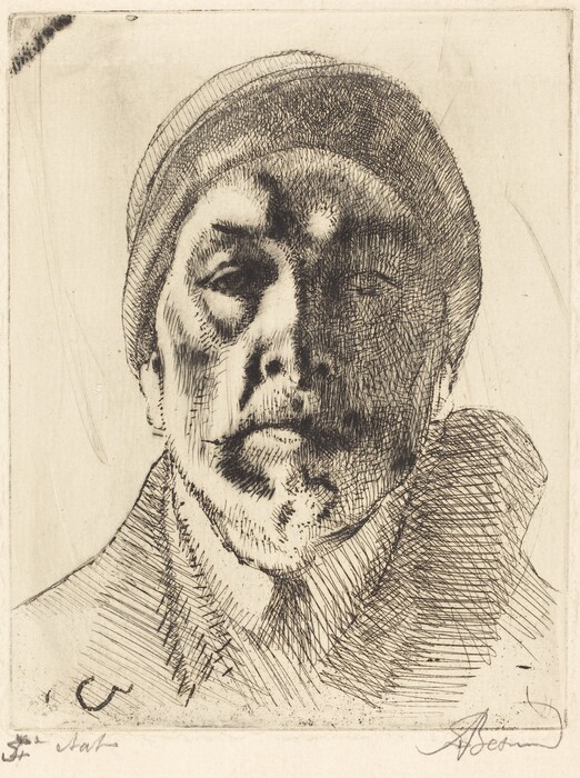 The image shows a man's head and shoulders with strong light and shadow contrast on his face, featuring a straight nose, a slightly downturned or neutral mouth, and stubble or a short beard. He wears a knit cap covering most of his head and a coat with a prominent collar. The background is plain, accentuating the etching lines on his face. The image is sketched in a linear style, giving a textured and dramatic effect.