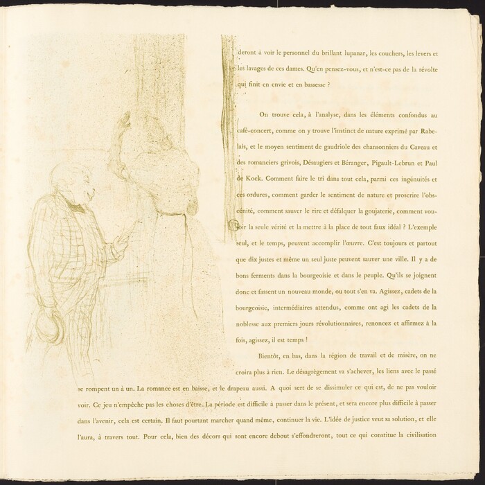 This is a drawing of two figures engaged in conversation next to a page of French text. The drawing is done in a soft, sketchy style using light, flowing lines. One figure is holding a hat in one hand and gesturing with the other. The other figure appears to have an elegant posture, adorned with what seems to be a bonnet or hat. The text begins with a continuation of someone else's speech, discussing topics on sentiments and social observations. The drawing and the typography suggest a harmonious blend of visual art with literary content.