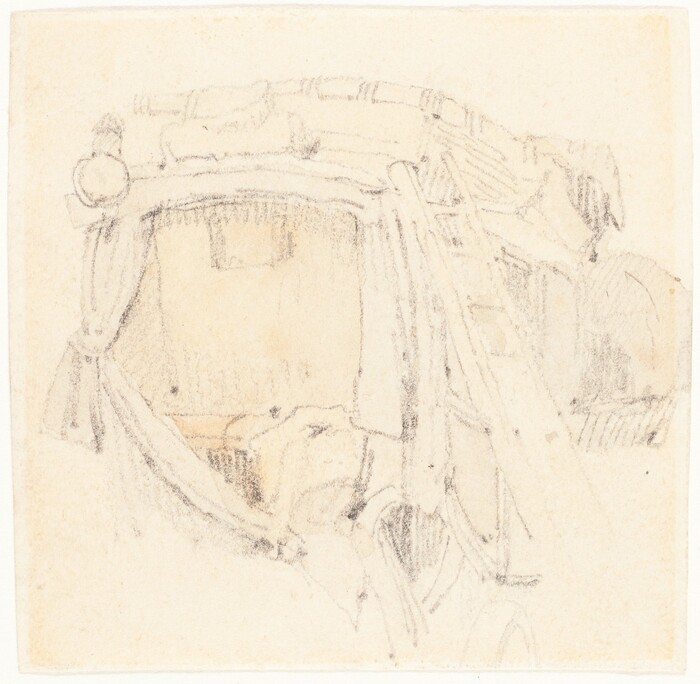 This is a drawing of a horse-drawn carriage. The sketch shows a partially visible carriage with a curved structure, narrow windows, fabric canopy, wheels, curtains, and other structural elements. The shading is light, and the drawing uses simple lines and minimal detail.
