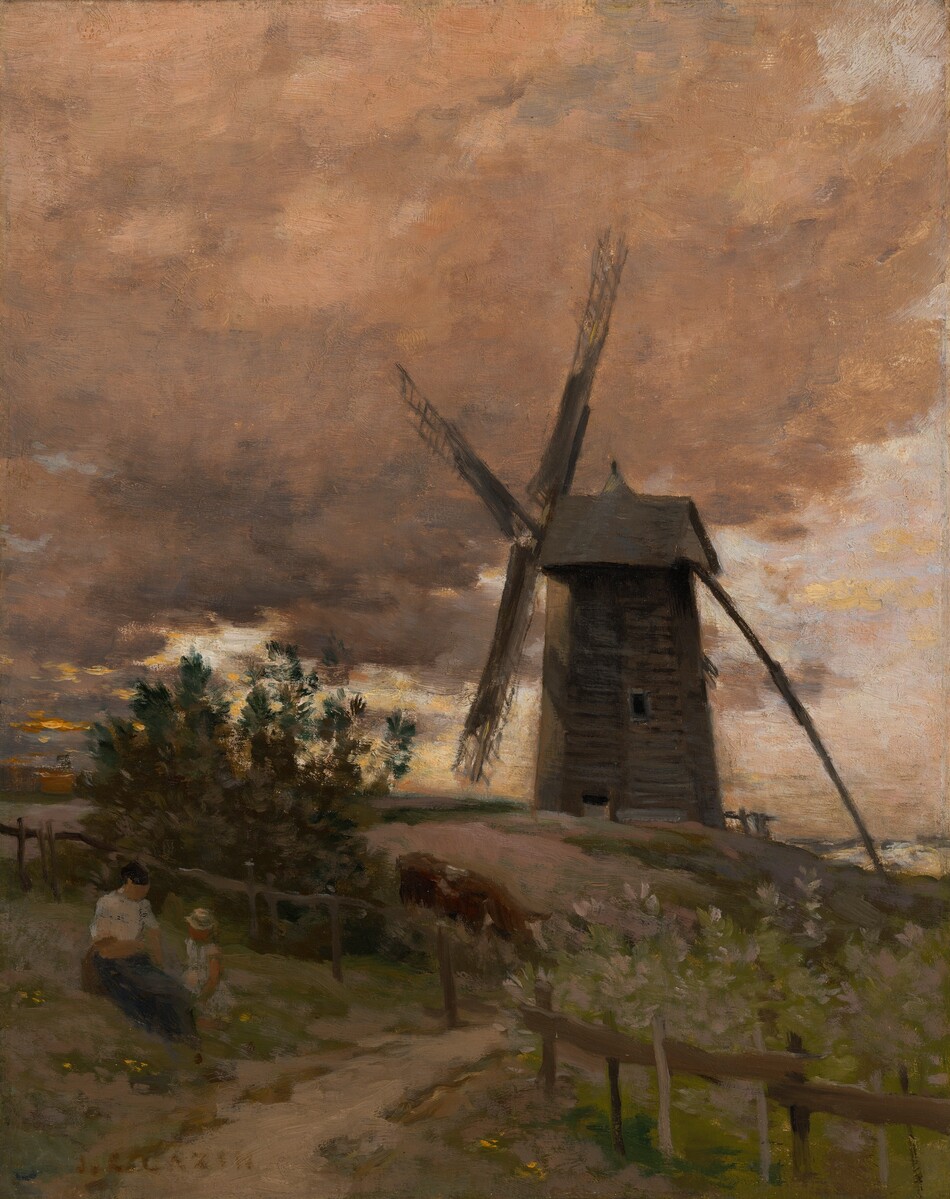 This painting shows a tan pathway curving through long green grass, dark green moss, and tall flowers in shades of white, pink, and blue, towards a wooden windmill situated on a hill in the horizon. The blades of the windmill face the left, and behind it is a cloudy sky. Near the pathway, in the bottom left corner of the painting, there is a wooden fence where a woman and child are seated. On the other side of the fence, a brown-and-white cow grazes. The landscape gradually rises towards the windmill, and in the distance the land fades into the horizon. The scene features a warm color palette with soft pinks, browns, greens, and earth tones, and the brushstrokes are soft, giving the scene a hazy quality.