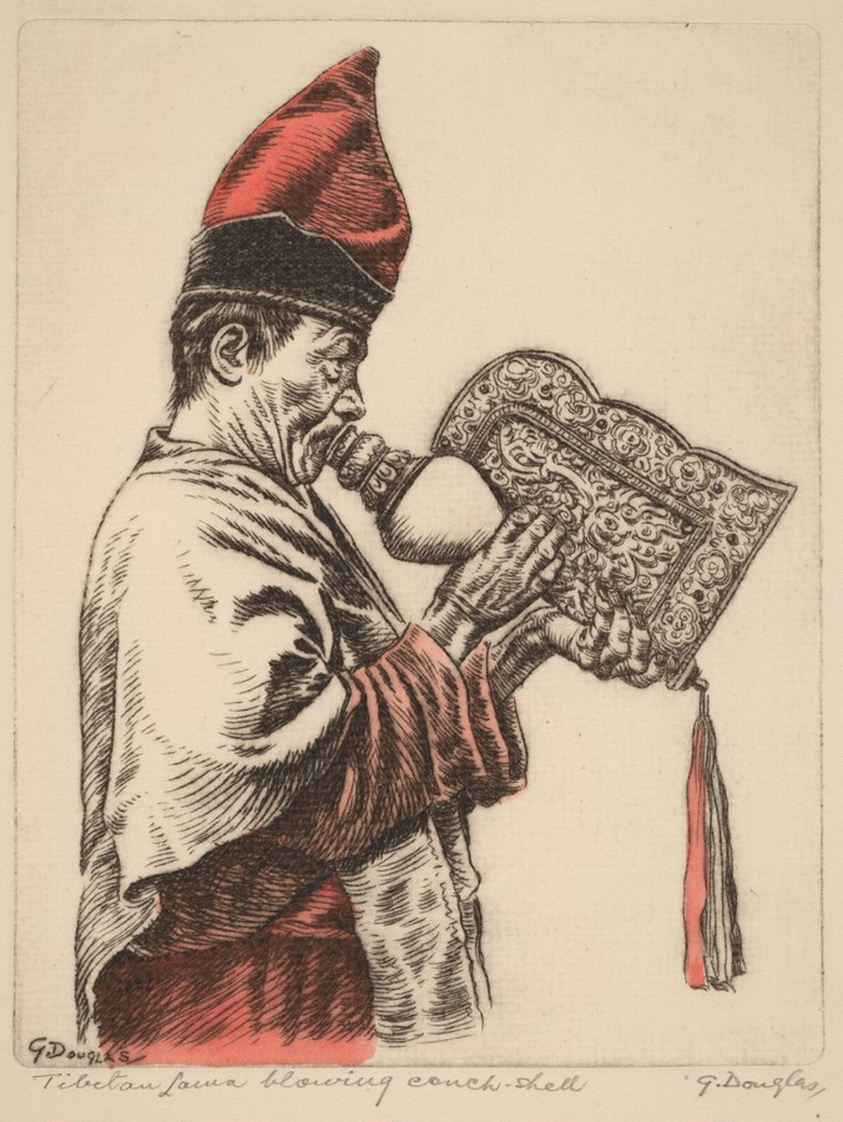 Tibetan Lama Blowing a Conch Shell