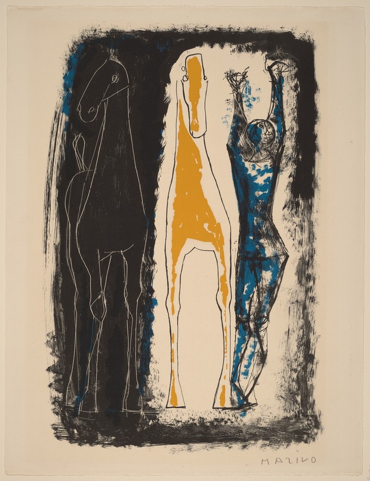 Juggler and Two Horses, Blue, Yellow, and Black