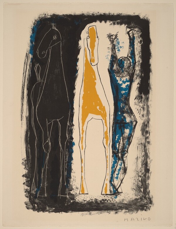 Juggler and Two Horses, Blue, Yellow, and Black