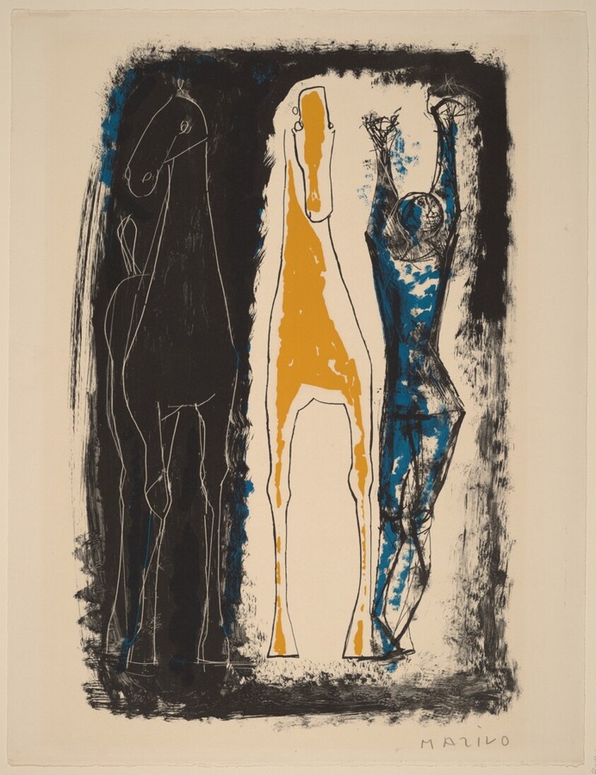 Juggler and Two Horses, Blue, Yellow, and Black