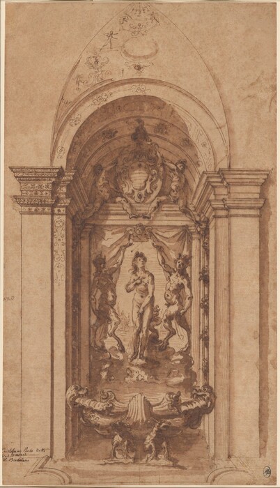 The image shows a drawing of a sculptural niche featuring a central figure of a standing nude woman, flanked by two smaller nude figures on either side. Above the central figure is an ornate cartouche with decorative motifs, and at the top, two small winged figures are present. The sculpture is set within an architectural alcove with columns and arches. The drawing is in a monochromatic sepia tone, indicating it is rendered in ink or wash on paper. The subject within the niche appears intricately designed with flowing drapery and organic forms, giving it a sense of grandeur and elegance as would be seen in a classical architectural setting.