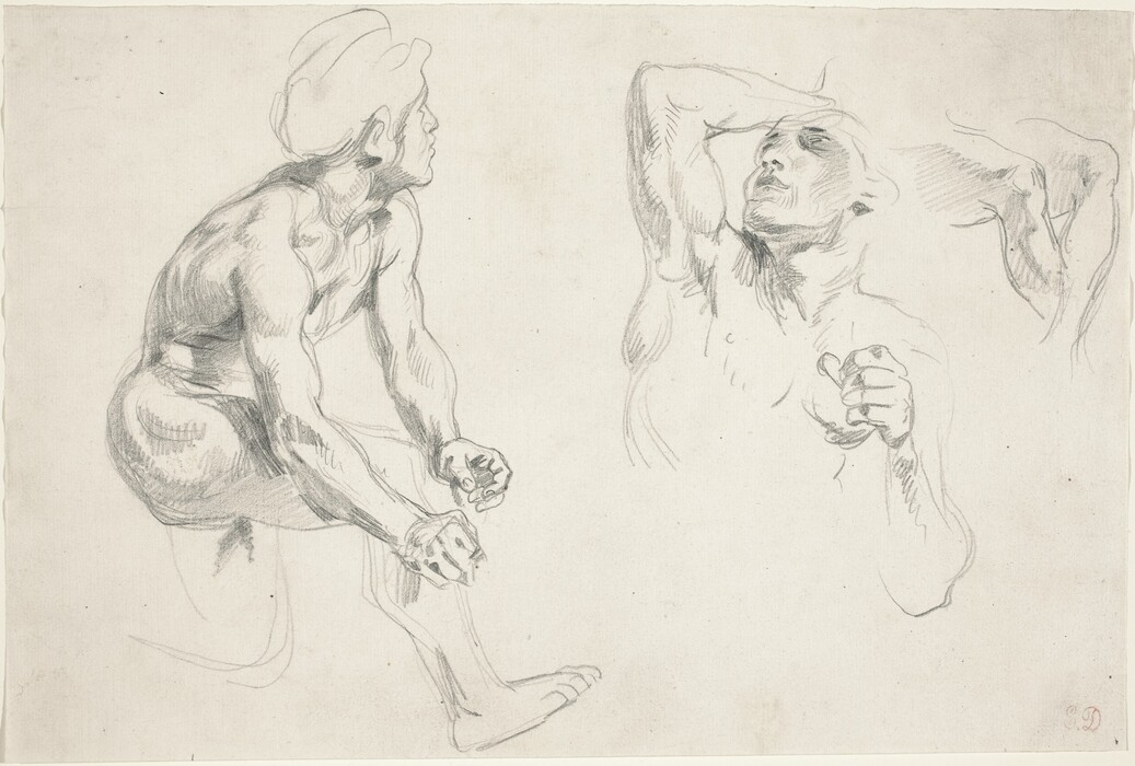 The image displays a pencil drawing of a male figure in multiple poses on textured paper. On the left, the man is seated, leaning slightly forward with his right hand on his left knee. His head is turned to the side, revealing detailed muscular arms and back. His hair is swept back, and facial features are not fully drawn. On the right, the man is shown from a different angle, focusing on his upper body. His face in profile shows closed eyes and full lips. His right arm is raised, bent at the elbow as he holds his head, emphasizing arm and chest musculature. The figure is unclothed, and the background is plain, highlighting the male anatomy.