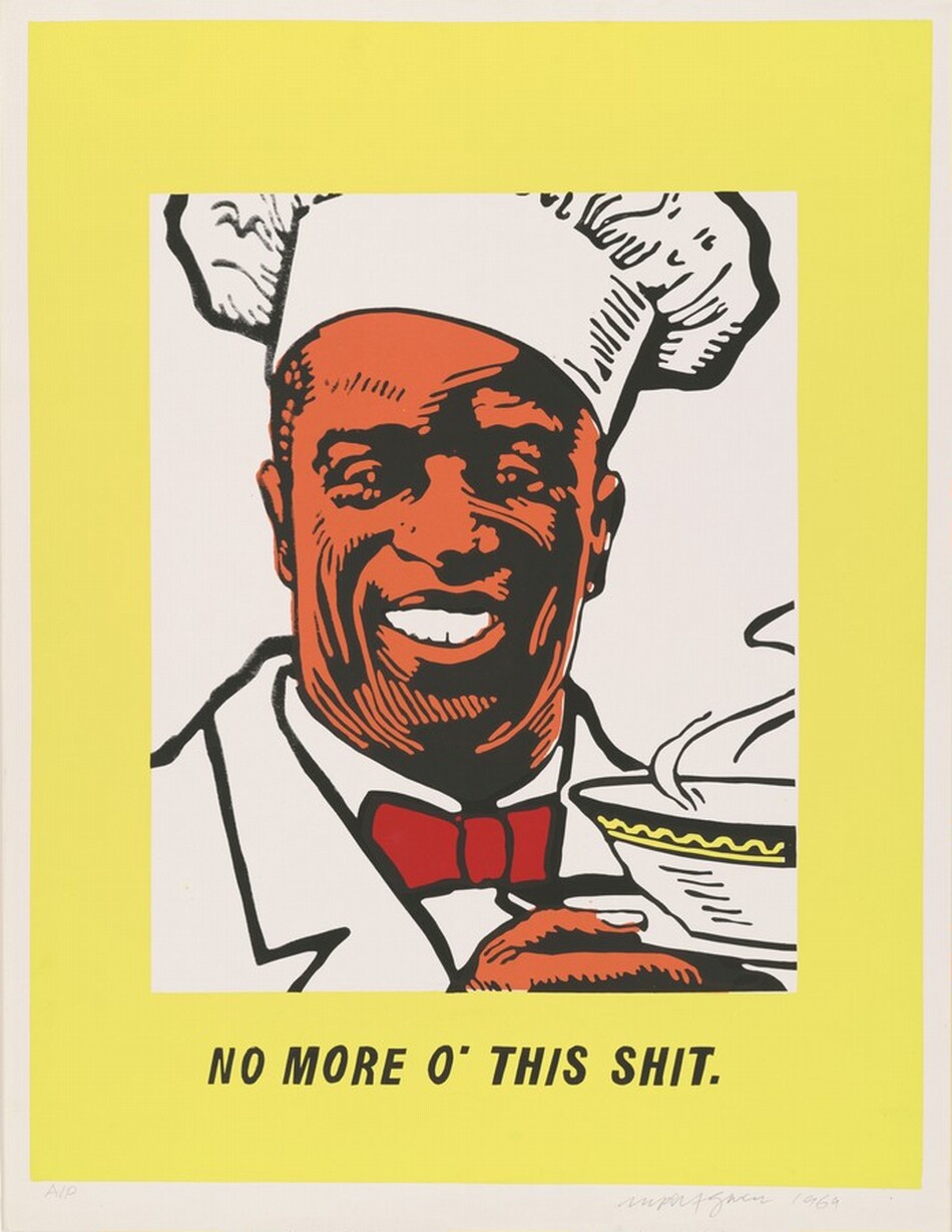 A man with orange-tinged brown skin and wearing a white chef’s hat smiles widely as he holds a steaming bowl on a plate in this vertical color screenprint. He also wears a white jacket over a white high-collared shirt with a cherry-red bowtie. Black outlines define the uniform and the man’s face, and blocks of black shading define his features. His eyes crinkle as he grins, and he has a wide nose and round chin. The hand holding the plate is also shaded brown. The rim of the bowl is decorated with a rippling yellow band, and steam rises from the dish. The scene is enclosed by a wide, lemon-yellow frame in which printed black text reads, “NO MORE O’ THIS SHIT.” The artist inscribed the paper under the printed image with “A/P” in the lower left and “rupert garcia 1969 in the lower right.