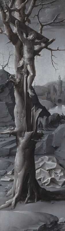 A man hangs on a cross nestled into the splayed opening of a splintered, barren tree in a rocky landscape in this narrow, vertical composition, which is painted entirely in black and gray. The man’s hands are nailed to the ends of the wide crossbeam of the cross, and his overlapping feet are nailed to the vertical beam. He wears a ring of thorns on his head and a loincloth across his hips. A voluminous cloth lies just beyond the tree, and farther back on the angular rocks are a lion and mule. A cliff rises steeply to our left and a body of water to our right leads back to a castle-like structure.