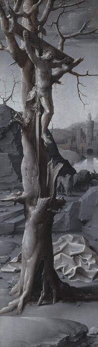 A man hangs on a cross nestled into the splayed opening of a splintered, barren tree in a rocky landscape in this narrow, vertical composition, which is painted entirely in black and gray. The man’s hands are nailed to the ends of the wide crossbeam of the cross, and his overlapping feet are nailed to the vertical beam. He wears a ring of thorns on his head and a loincloth across his hips. A voluminous cloth lies just beyond the tree, and farther back on the angular rocks are a lion and mule. A cliff rises steeply to our left and a body of water to our right leads back to a castle-like structure.