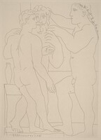 A Young Greek Sculptor with Sculptures of a Man and an Ephebe (Jeune sculpteur Grec avec sa sculpture: un homme et un éphèbe), Pablo Picasso, 1933