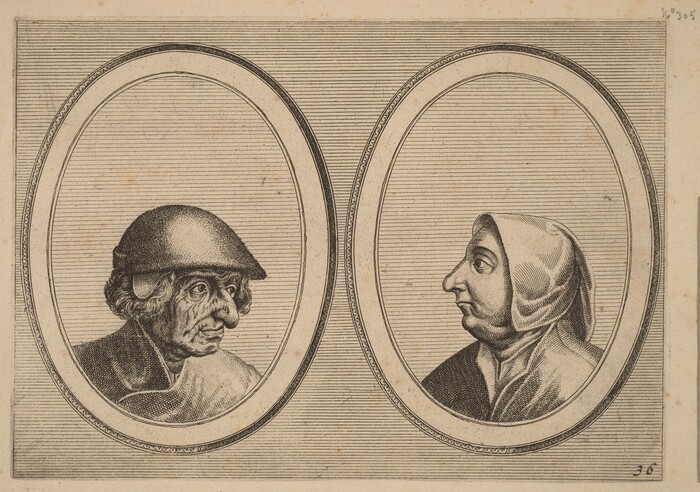 This drawing depicts two profiles framed by separate oval borders. On the left, an elderly man is shown facing right, from the shoulders up with a prominent nose, deep-set eyes, and visible wrinkles. His hair is curly, and he wears a cap and a robe. On the right, an elderly woman is shown facing left, from the shoulders up with a pointed nose, prominent eyes, and a calm expression. She wears a head covering. The background consists of horizontal lines adding texture to each oval. The two portraits are adjacent, creating a symmetrical composition.