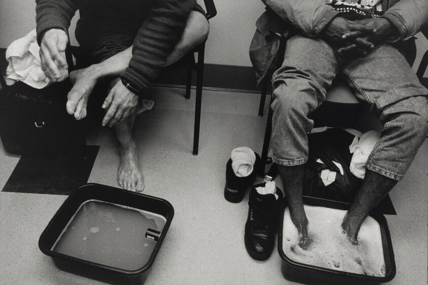 Boston (One way in which the staff at the Pine Street Inn tries to establish relationships of trust with their homeless clientele is by encouraging them to have foot soaks at the end of the day. Afterwards, they are given clean socks and, if necessary, new shoes. The nurses have often found that over a period of time, their guests relax enough during these sessions to tell them what is on their minds.)