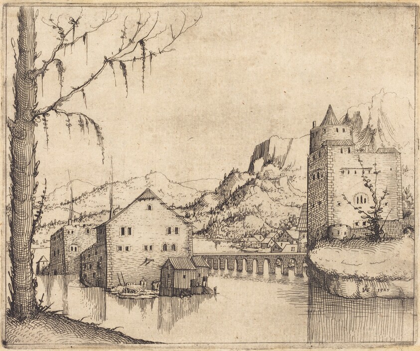 River Landscape with Two Buildings