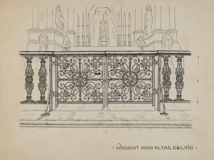 This is a drawing of a wrought iron altar railing. The illustration showcases intricate detailing of ornate wrought iron work. The railing features repetitive scrollwork patterns and symmetrical designs with circular motifs at the center of each section. Above the railing, candles and sculptures can be seen. The annotations on the drawing indicate measurements and the purpose of the railing within an altar setup.