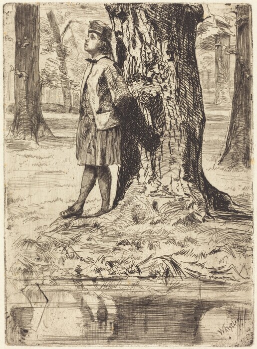The image depicts a person standing with their back against a large, textured tree trunk in a natural setting. The person is facing slightly to the right, with their hands behind their back. They have a youthful face with subtle features and medium-length hair. The person is dressed in a formal attire, consisting of a fitted jacket with a bow tie and a knee-length skirt, with stockings and shoes. The background shows a forested area with several trees, and the ground is covered with grass. There is a body of water in the foreground, reflecting the person and the tree.