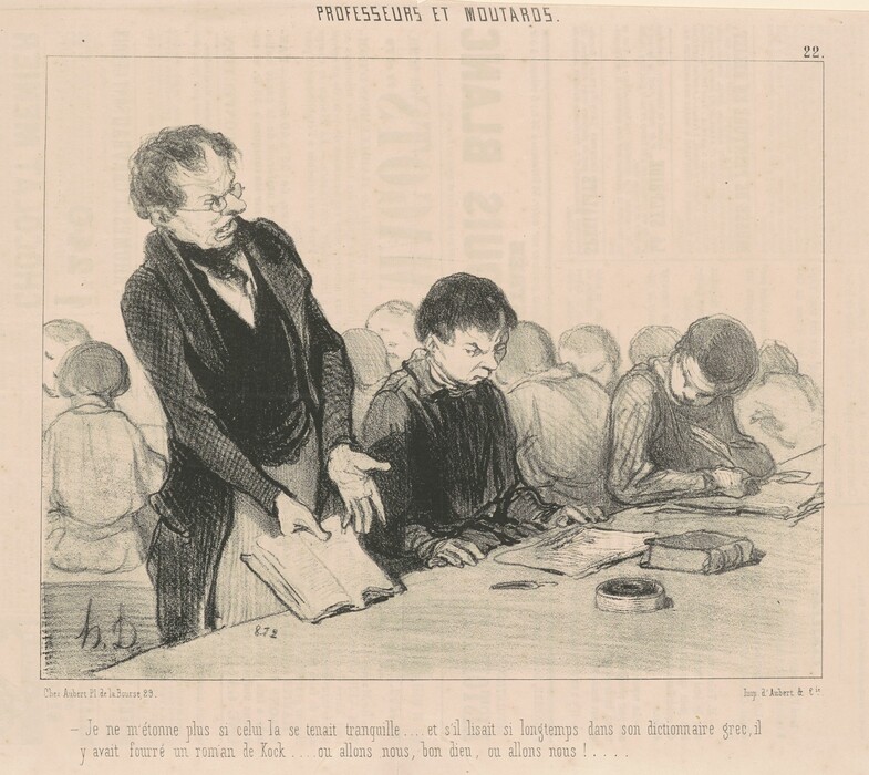 Three people are partially visible, shown from the waist up. The person on the left is standing and leaning slightly forward with one hand on an open book, wearing glasses and a dark coat over a vest, with wavy hair and a focused expression. The person in the middle is seated and leaning over a desk, with a concentrated facial expression, short hair, and wearing a patterned shirt or vest. The person on the right is seated and hunched over a desk, appearing to write or read, with short hair and wearing similar clothing. An open book and a round object are on the desk. The background is filled with indistinct figures seated at other desks.