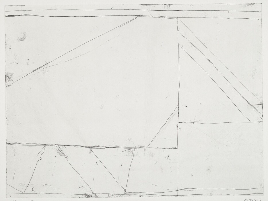 The image depicts an arrangement of straight and intersecting lines on a plain background, forming geometric shapes such as triangles and quadrilaterals. Some angles and segments suggest a fragmented structure resembling a minimalist architectural sketch. The lines' varied directions may evoke the framework or scaffolding of a partially constructed building.