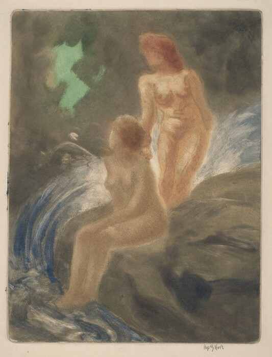 The artwork depicts two figures in a natural setting. The foremost figure is seated with legs submerged in water and a turned head slightly towards the back. The second figure stands beside the first with a slight forward lean. Both individuals are shown from head to toe, featuring indistinct facial details and unclothed bodies. The surrounding environment suggests a rocky landscape covered in brushstroke-like textures that represent water. The background is a mix of dark and green tones, creating a dreamy atmosphere.