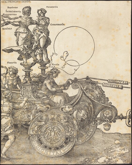 This is a drawing of a chariot with symbols of virtues. It features a detailed and ornate chariot driven by representations of virtues such as "Fortitudo" (Fortitude), "Intelligentia" (Intelligence), "Constantia" (Constancy), and "Prudentia" (Prudence). The chariot is adorned with intricate engravings, symbols, and faces. Reins lead to guides labeled with other virtues like "Mobilitas" (Mobility) and "Potentia" (Power). The wheels display emblems, and detailed linework conveys a sense of motion and power.