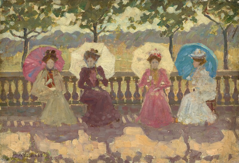 Four women sit in a row outside in front of a balustrade and under leafy trees in this loosely painted, horizontal composition. The scene is created with dabs and visible strokes so details are difficult to make out. The women all wear long-sleeved, long-skirted gowns and hats. They hold parasols, and touches of pale green or white suggest gloves. They all have pale-toned skin, and their brown hair is up. The woman to our left wears a pale eucalyptus-green dress over a brick-red bodice. Her elbows are tucked into the cloak or jacket of the outer garment, and she holds a carnation-pink parasol with a few streaks of sky blue. The next woman wears a plum-purple dress with puff-shouldered sleeves and a veil that covers her hat and is gathered under her chin. Her parasol is pearl white. The next woman wears the same shade of carnation pink for her dress and holds a pale yellow parasol, and the fourth woman sits facing our left in profile. She wears a white dress and holds a powder-blue parasol. The shadows cast by the women and the four tree trunks and canopies behind them create muted purple shadows on an apricot-orange ground. Beyond the balustrade, stretches of very pale green, indigo purple, and icy blue suggest grass, a row of trees, and the sky. The texture of the canvas is visible between the forms, like between the edges of the balustrades and the green that fills in the gaps between or around the women’s clothing. The artist signed the lower left corner, “PRENDERGAST.”