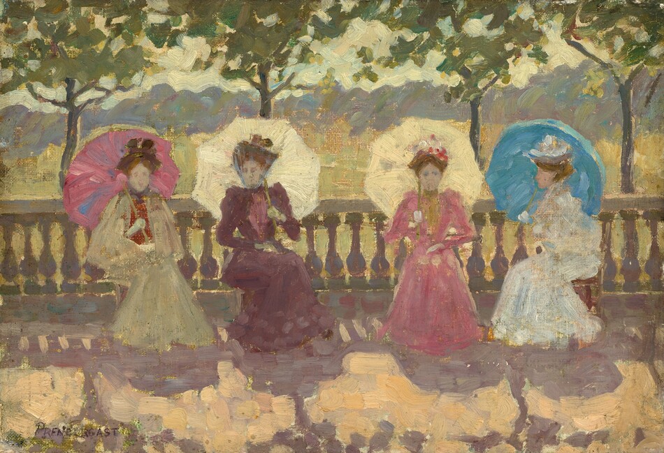 Four women sit in a row outside in front of a balustrade and under leafy trees in this loosely painted, horizontal composition. The scene is created with dabs and visible strokes so details are difficult to make out. The women all wear long-sleeved, long-skirted gowns and hats. They hold parasols, and touches of pale green or white suggest gloves. They all have pale-toned skin, and their brown hair is up. The woman to our left wears a pale eucalyptus-green dress over a brick-red bodice. Her elbows are tucked into the cloak or jacket of the outer garment, and she holds a carnation-pink parasol with a few streaks of sky blue. The next woman wears a plum-purple dress with puff-shouldered sleeves and a veil that covers her hat and is gathered under her chin. Her parasol is pearl white. The next woman wears the same shade of carnation pink for her dress and holds a pale yellow parasol, and the fourth woman sits facing our left in profile. She wears a white dress and holds a powder-blue parasol. The shadows cast by the women and the four tree trunks and canopies behind them create muted purple shadows on an apricot-orange ground. Beyond the balustrade, stretches of very pale green, indigo purple, and icy blue suggest grass, a row of trees, and the sky. The texture of the canvas is visible between the forms, like between the edges of the balustrades and the green that fills in the gaps between or around the women’s clothing. The artist signed the lower left corner, “PRENDERGAST.”