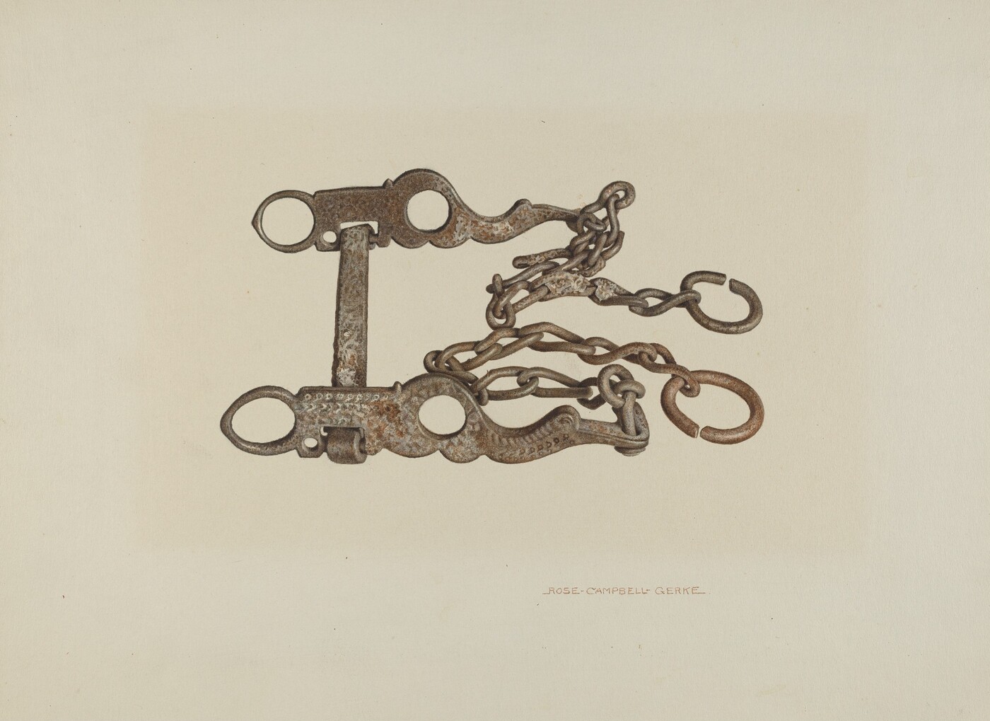 The image depicts a pair of old handcuffs with an attached chain on a light beige background. The handcuffs are positioned horizontally with the chain looping to the right side. The color palette consists of metallic browns and grays with a hint of rust on the metal surface.