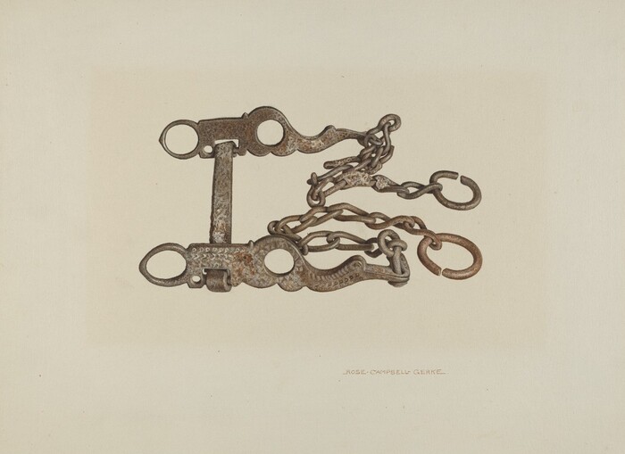 The image depicts a pair of old handcuffs with an attached chain on a light beige background. The handcuffs are positioned horizontally with the chain looping to the right side. The color palette consists of metallic browns and grays with a hint of rust on the metal surface.