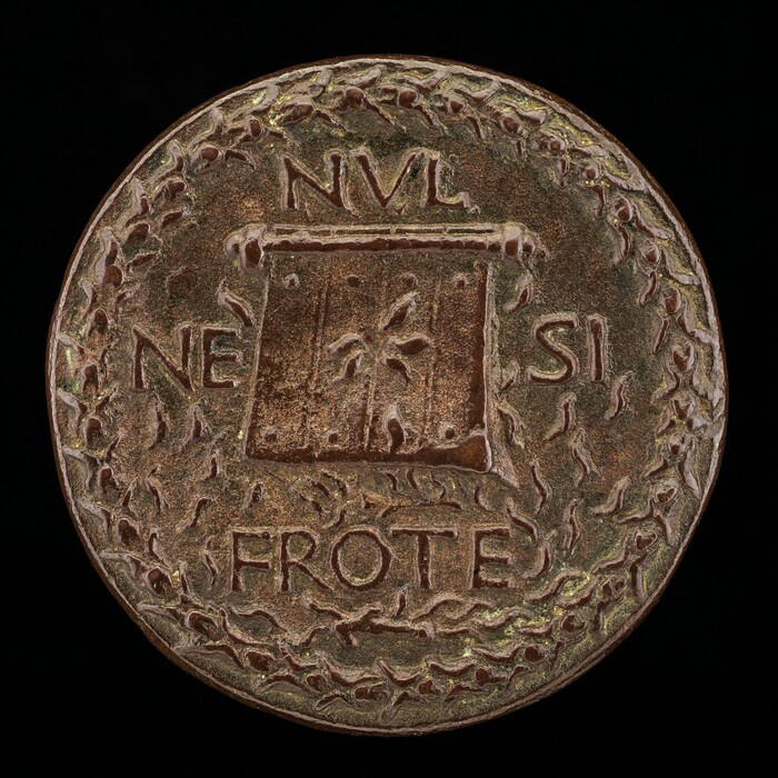This is a photograph of a coin. The image shows a bronze-toned coin with engraved text and intricate designs. The coin features the words "NVL," "NE," "SI," and "FROTE," along with an emblematic symbol at the center that resembles a palm or a similar plant. Surrounding the central motif, there is an ornate border design of leaves and swirling patterns.
