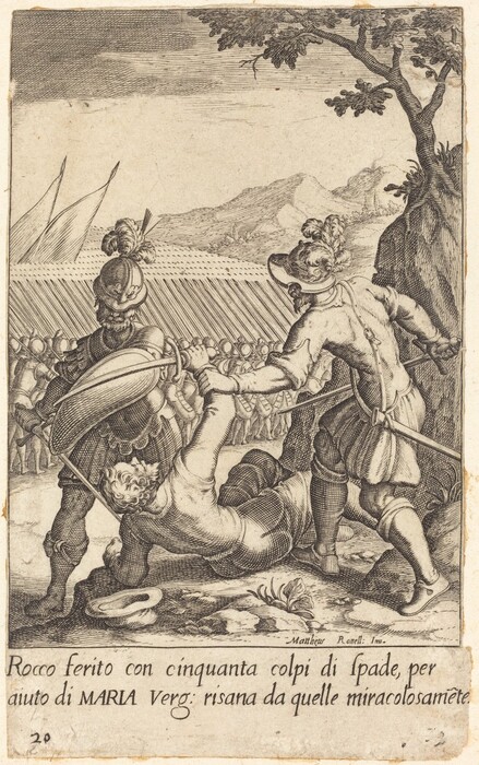 This is a drawing depicting a battle scene with armor-clad figures in dynamic motion. The scene shows an armored figure being assisted by another, with soldiers in the background. The etching style suggests classical or Renaissance influence with detailed linework and shading. The figures wear traditional armor and the scene conveys drama and movement. The background features a landscape with trees and hills, and there is a caption at the bottom of the image.