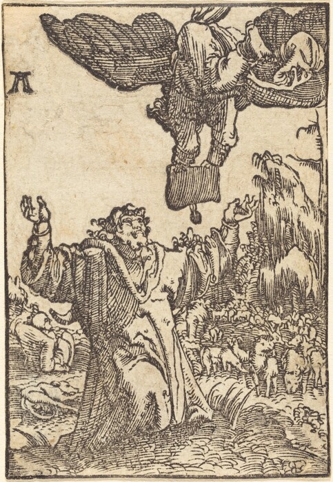 This image depicts a figure reaching towards a larger figure resting on a cloud, with a pastoral landscape and sheep in the background. The artwork is rendered in a monochromatic, illustrative style with strong, defined line work. The central figure has outstretched arms towards another figure on a cloud above, depicted in a reclining position. The scene is set in a rural landscape with distant hills or mountains and a flock of sheep. The artwork suggests storytelling themes, resembling works by early Renaissance or Northern European artists.