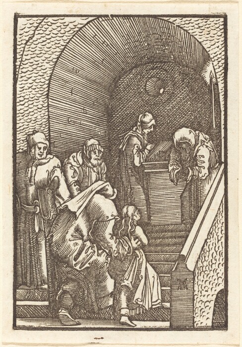 This drawing features figures in a dimly lit interior space with an arch and stairs. The scene depicts a group of figures gathered around an object. The figures wear detailed clothing and the setting suggests a historical or fantastical context. The architectural structure includes an arched ceiling and staircase, with shading adding depth. The style uses fine lines and hatching typical of traditional woodcut or engraving techniques.