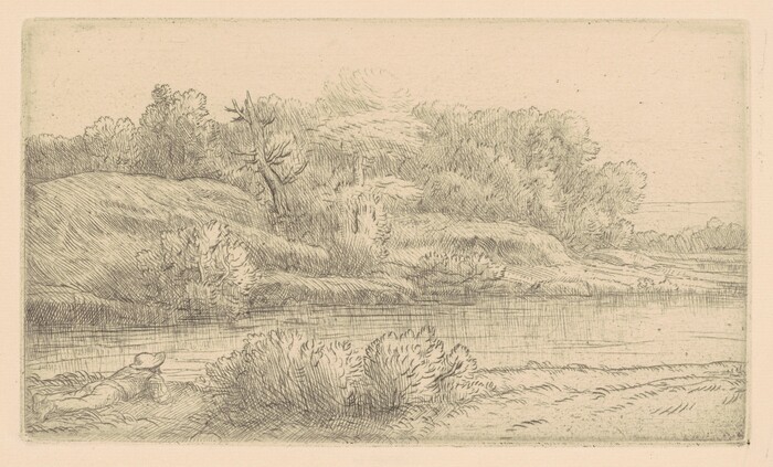 The image shows a landscape with a river viewed from a slightly elevated vantage point. The horizon is situated toward the upper third of the image, surrounded by trees and shrubs. The image appears to be an etching, with delicate, linear strokes creating depth and detail in the natural elements. The color palette is monochromatic, using shades of gray and off-white to render the scene. A reclining figure is partially visible close to the viewer, with a calm river flowing through the center of the image. In the distance, a variety of trees forms a dense forest canopy contrasting with the open waterway.